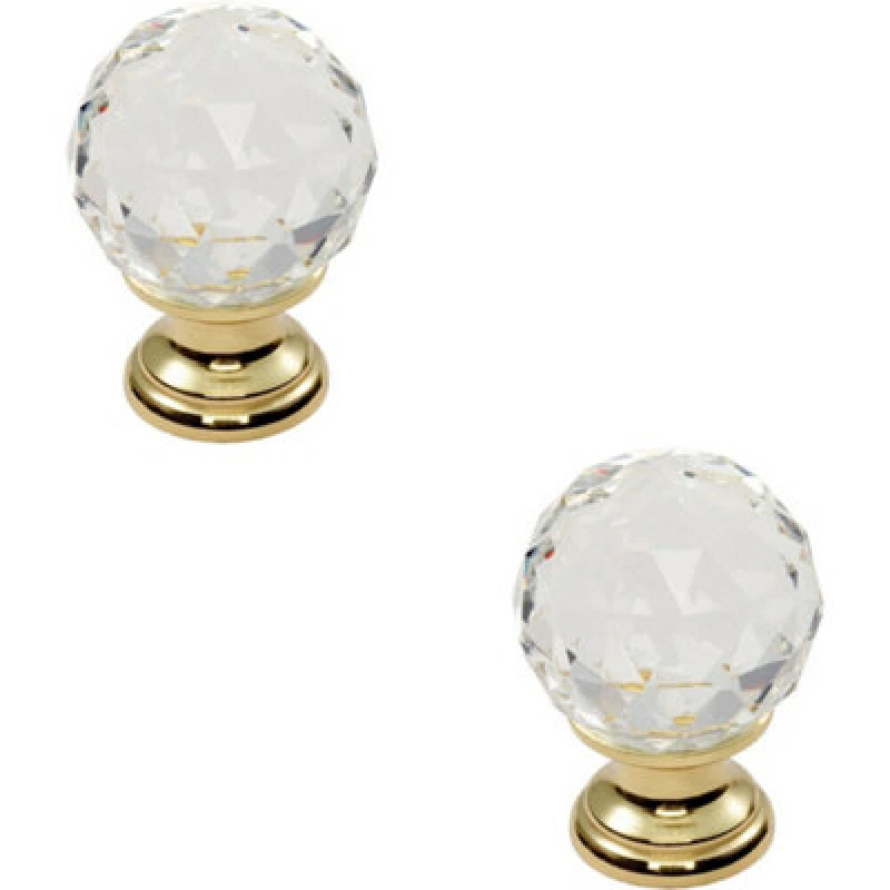 Image of Loops 2x Faceted Crystal Cupboard Door Knob 25mm Dia Polished Brass Cabinet Handle Metallics unisex