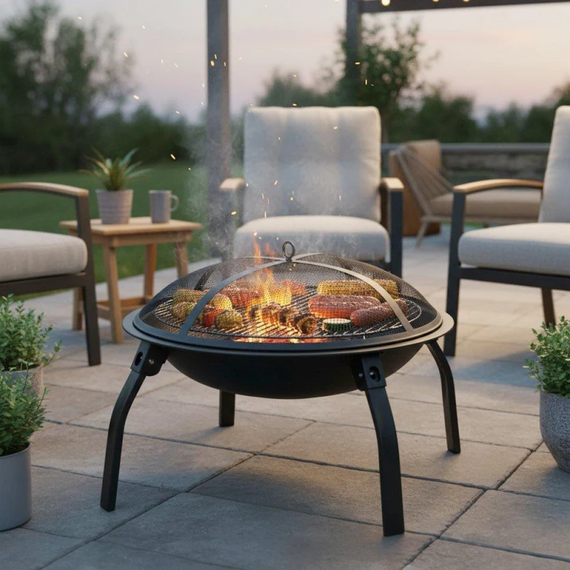 Image of Breeins Heavy Duty Outdoor Fire Pit with Grill & Screen Black unisex One size