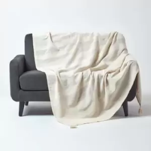 Image of Cotton Rajput Ribbed Natural Throw, 225 x 255cm - Natural - Homescapes
