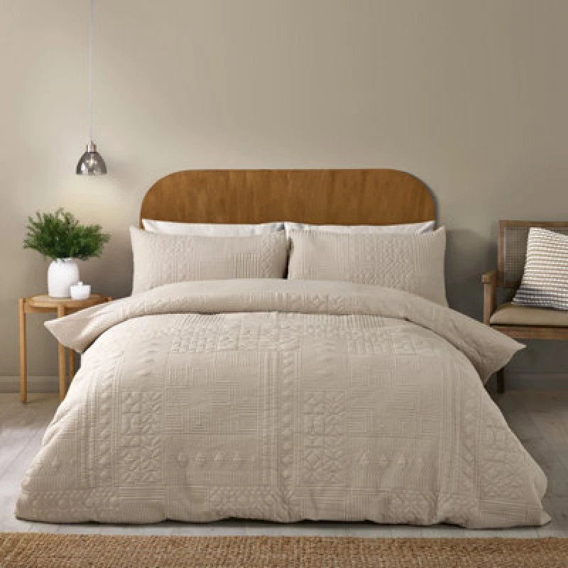 Image of Catherine Lansfield Folkstone Geo Double Duvet Cover Set With Pillowcases Natural