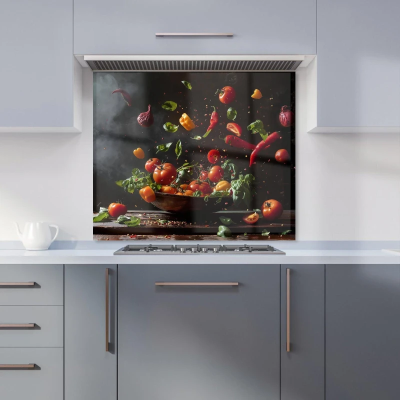 Image of Warren Reed - Designer Dynamic Levitation: Vegetable Ballet Kitchen Splashback Size: 700mm x 650mm Multicolor Unisex 700mm x 650mm