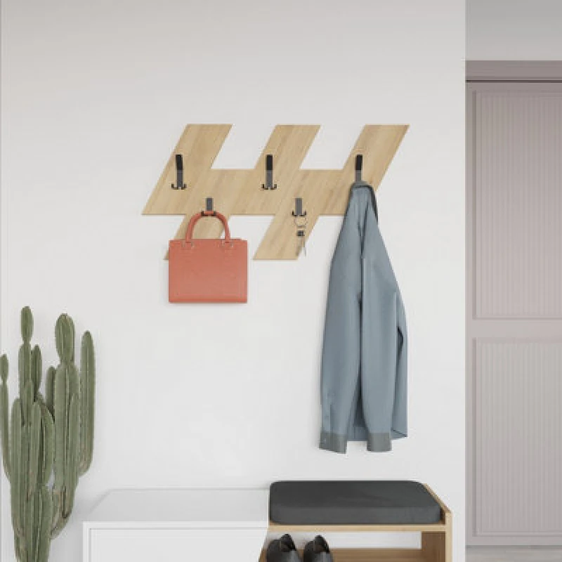 Image of Decortie Modern Livy Wall-Mounted Hanger Oak Engineered Wood Geometric Shape With 5 Black Metal Hooks 75.2(W)X1.8(D)X45.3(H)Cm