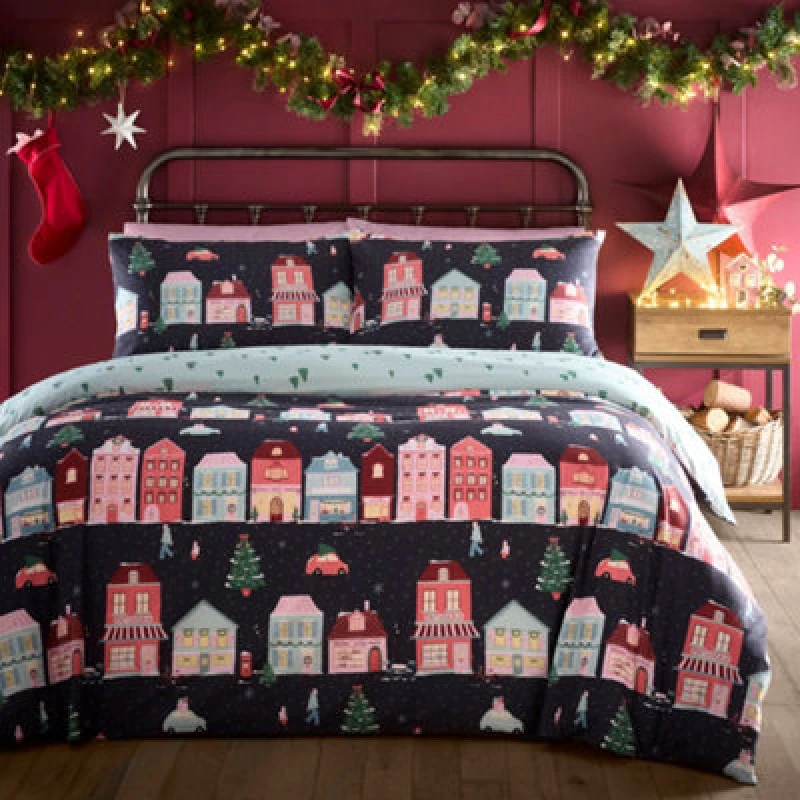 Image of Fusion 'Christmas Houses' Easy Care Festive Duvet Cover Set in Navy Size: Super King Navy Unisex Super King