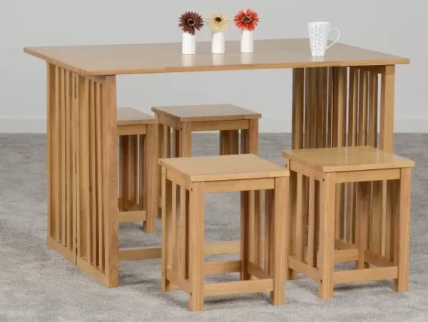 Image of Seconique Richmond Oak Foldaway Extending Dining Table and 4 Stool Set