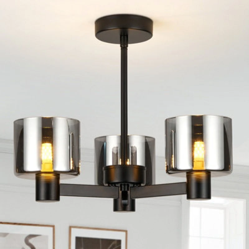 Image of Harper Living 3 Lights Chandeliers Ceiling Light, Matt Black Finish Semi Flush Ceiling Lamp With Smoked Glass Shades