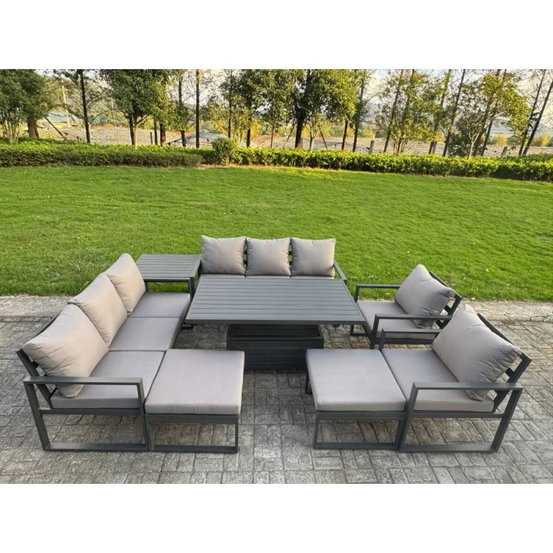 Image of Fimous Aluminum 10-Seater Patio Set with Lifting Table, 2 Big Stools in Dark Grey Dark Grey Unisex