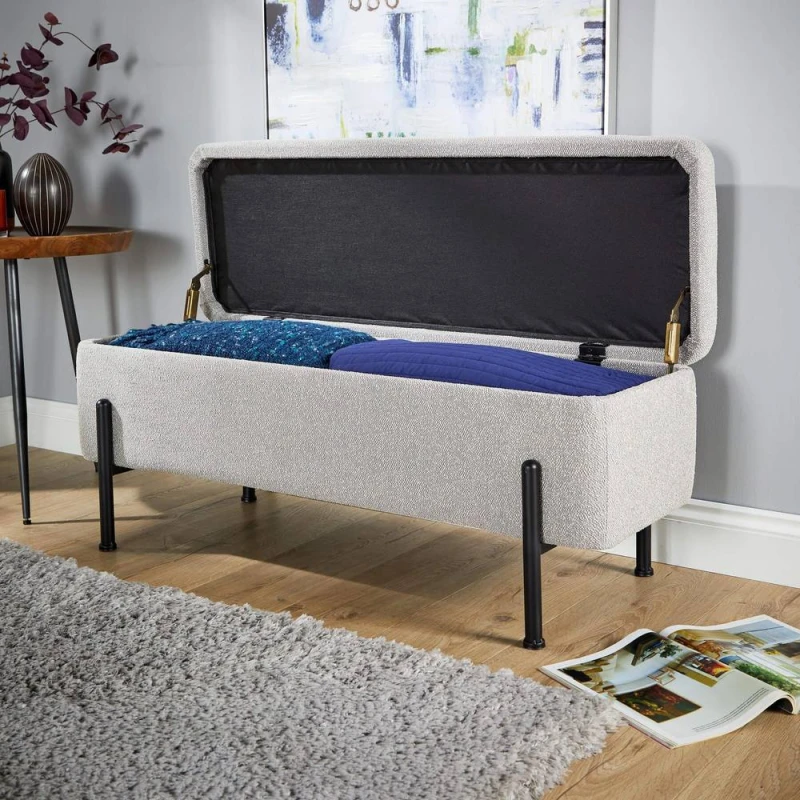 Image of Home Source Plush Boucle Fabric Padded Storage Ottoman Grey