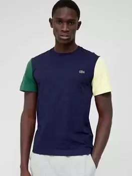 Image of Mens Lacoste Regular Fit Colour-block Cotton Jersey T-Shirt Size 10 - 5XL Navy Blue / Green / Yellow