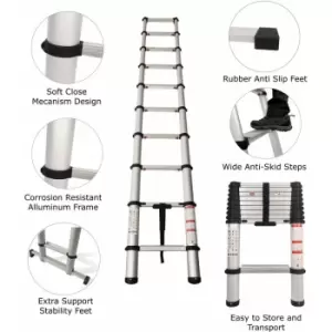 Image of Extra Wide Telescopic Ladder with Soft Close Design - 2.6m - Silver