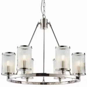 Image of 6 Light Chandelier Pendant Nickel Ribbed Glass Shade Hanging Ceiling Lamp Holder