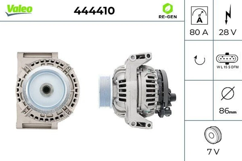 Image of VALEO 444410 Generator VALEO RE-GEN REMANUFACTURED Alternator Charging Current: 80A, Voltage: 28V Alternator (4)