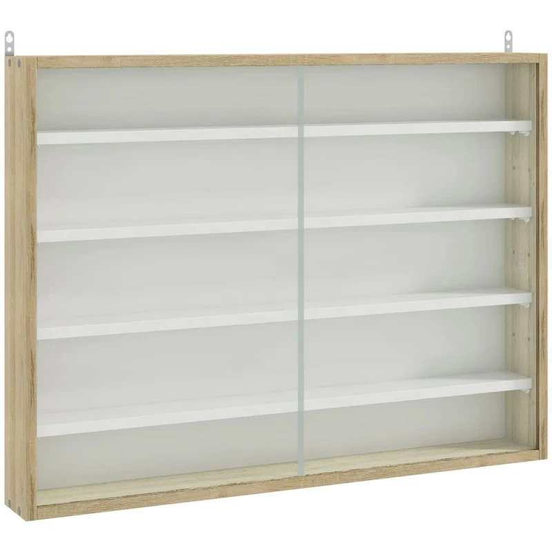 Image of HOMCOM 5-tier Wall Display Shelf Unit Cabinet With 4 Adjustable Shelves Glass Doors 60X80cm - Natural, Yellow 833-761V80AK