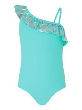 Monsoon Girls Malibu Stripe Frill Swimsuit - Turquoise