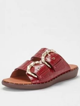 image of FitFlop Kaia Bamboo Buckle Flat Sandal - Red, Size 4, Women