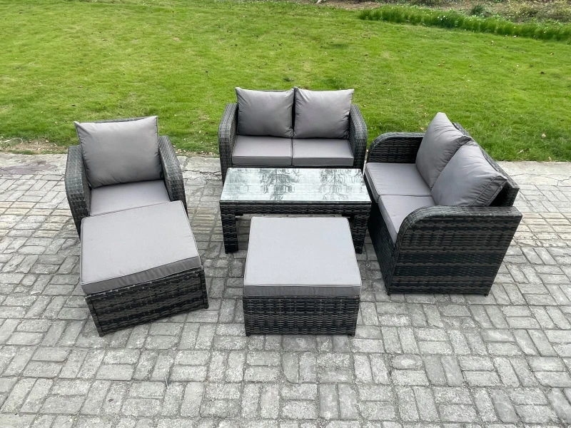 Image of Fimous 7 Seater Rattan Wicker Garden Furniture Patio Conservatory Sofa Set with Rectangular Coffee Table Reclining Chair Love Sofa 2 Big Footstool Dar