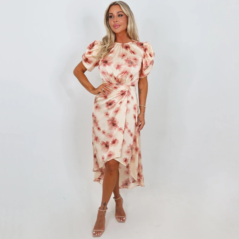Image of AX Paris Floral Print Puff Sleeve Gathered Side Midi Dress Blush female 8 (XS)