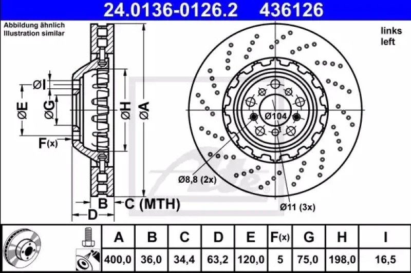 Image of ATE 24.0136-0126.2 Brake disc perforated/vented, Coated, High-carbon, with bolts/screws Brake Disc (82)