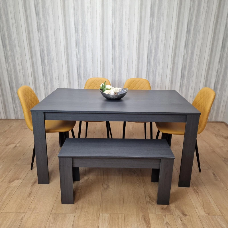 Image of KOSY KOALA KOSY KOALA Grey Dining Table with 4 Diamond Stitched Mustard Chairs and 1 Bench in Dark Grey Dark Grey One Size Unisex 5060711587202