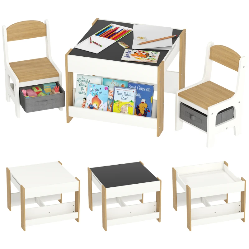 Image of HOMCOM HOMCOM 3 Piece Kids Table and Chair Set for Nursery, Playroom, Classroom - Natural wood finish