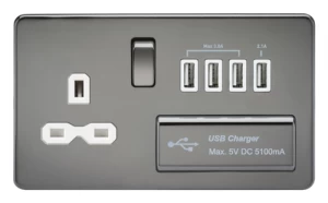 Image of KnightsBridge 2G 13A Screwless Black Nickel 1G Switched Socket with Quad 5V USB Charger Ports - White Insert