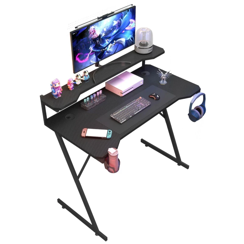 Image of House Of Home Gaming Desk With Monitor Stand Carbon Fibre Top Black 118Cm