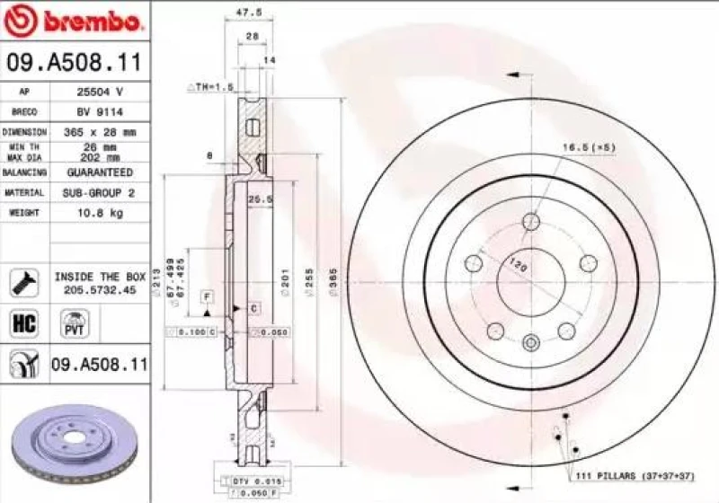 Image of BREMBO 09.A508.11 Brake disc internally vented, Coated, High-carbon, with bolts/screws Brake Disc (82)