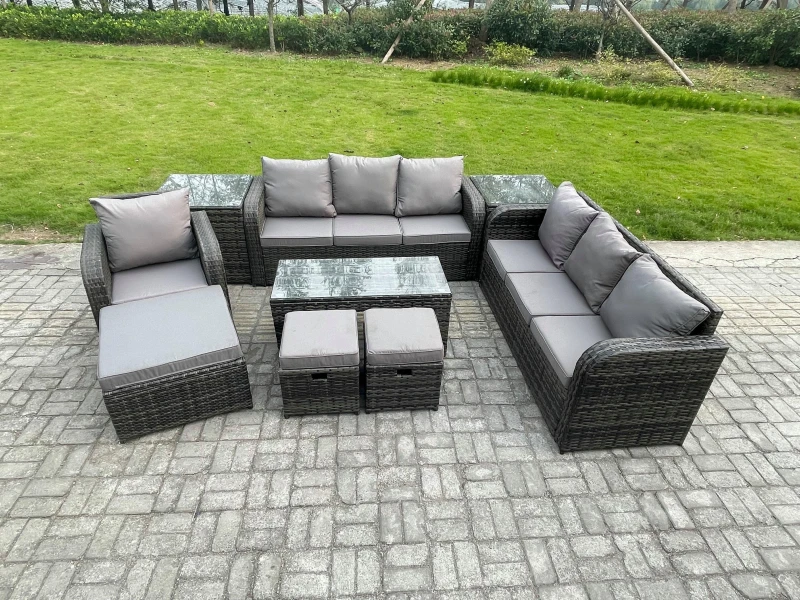 Image of Fimous Outdoor Lounge Sofa Set 10 Seater Rattan Garden Furniture Set with Rectangular Coffee Table 3 Footstools 3 Seater Sofa 2 Side Tables Dark Grey