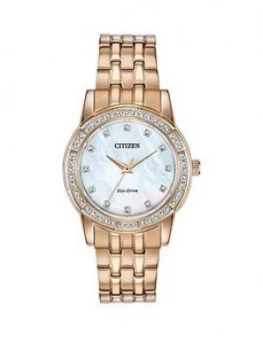 Image of Citizen Eco-Drive Black And Rose Gold Detail Swarovski Set Dial Black Swarovski Set Stainless Steel Bracelet Ladies Cocktail Watch