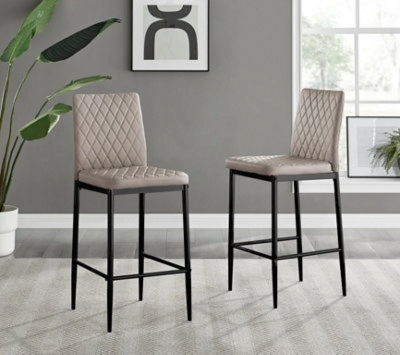 Image of Furniturebox Milan Cappuccino Beige Diamond-Stiched Faux Leather Black Leg Padded Bar Stools (Set Of 2)