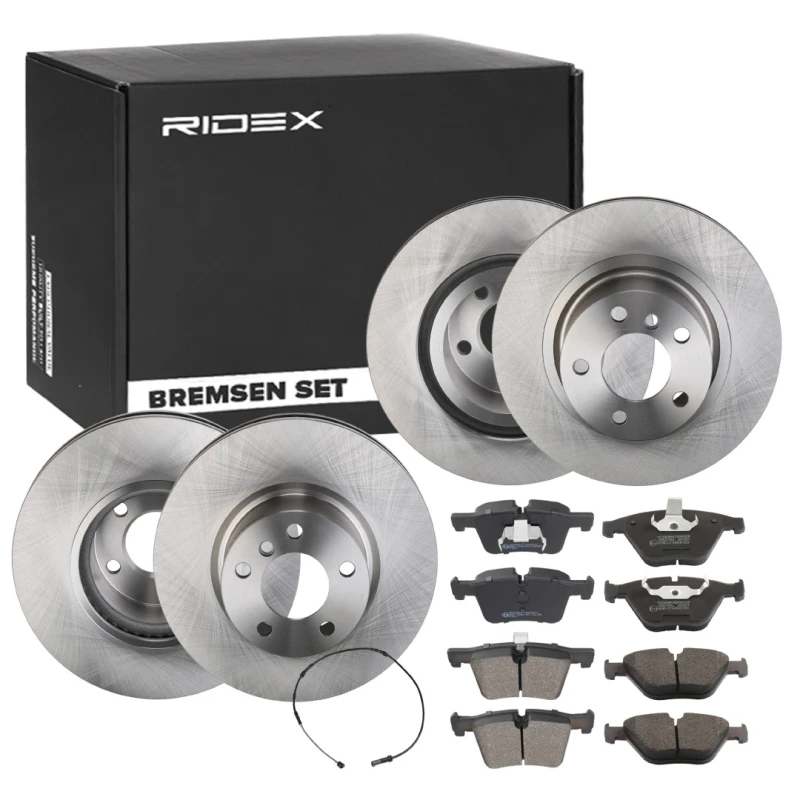 Image of RIDEX 3405B1728 Brake disc and pads set Front Axle Left, Brake Disc Type: internally vented, prepared for wear warning indicator, with piston clip Br