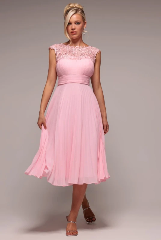 Image of Goddiva Womens Crochet & Pleated Top Midi in Light Pink Size: 6 Light Pink Female 6