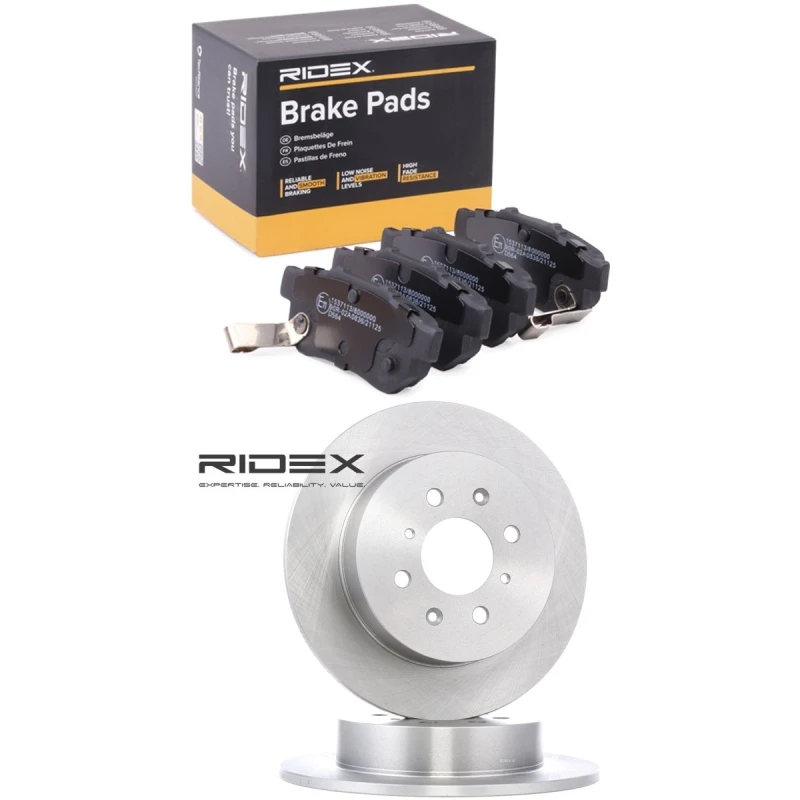 Image of RIDEX 3405B2470 Brake disc and pads set Rear Axle, Brake Disc Type: Solid, with acoustic wear warning Brake Set,disc brakes (3405)
