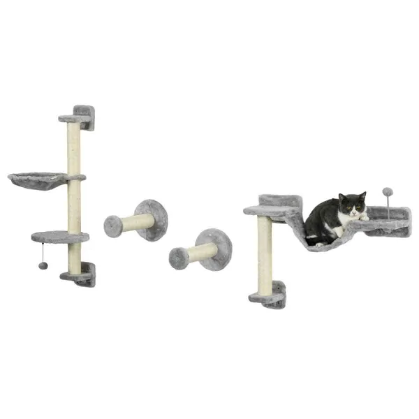 Image of PawHut Cat Wall w/ Hammock, Perches, Scratching Post - Grey