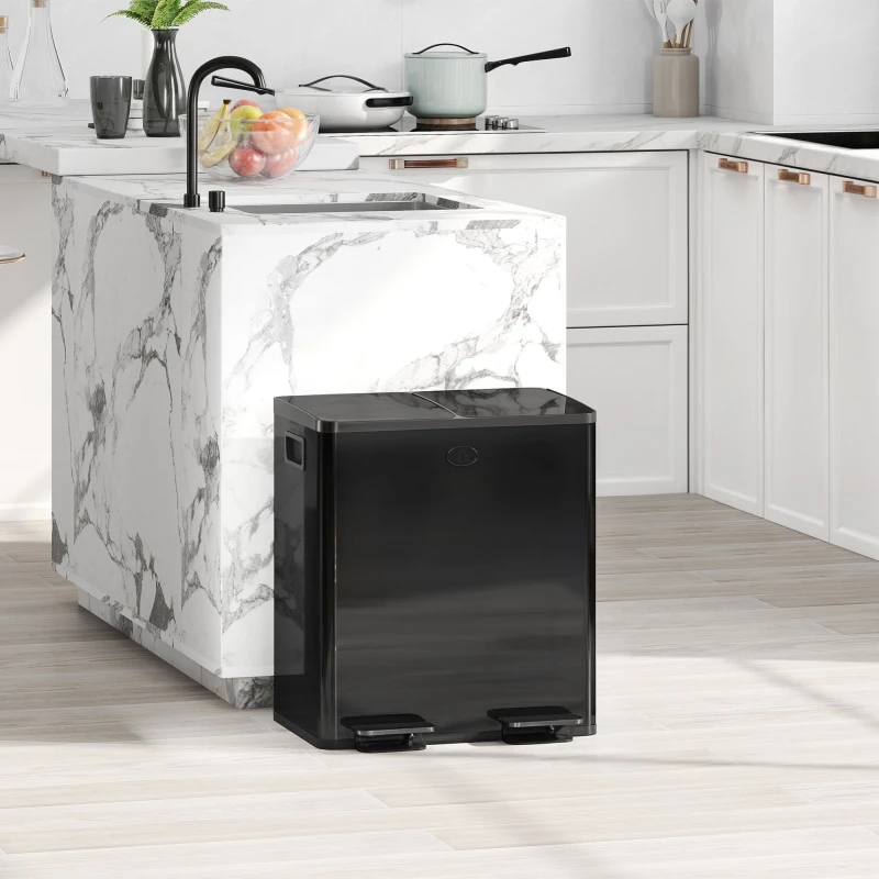 Image of HOMCOM HOMCOM 2 x 20L Dual Rubbish Bin Kitchen Bin for Recycling and Waste, Black One Size Unisex 5063603036666