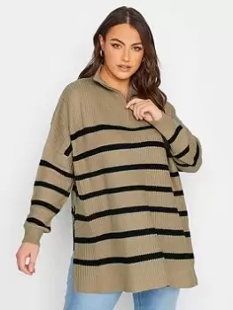 image of Yours Zip Neck Jumper - Neutral Stripe AIR, Natural, Size 14-16, Women