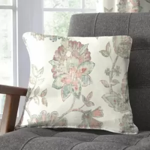 Image of Dreamsdrapes - Dreams & Drapes Indira Floral Print 100% Cotton Piped Edge Filled Cushion, Coral/Natural, 43 x 43 Cm