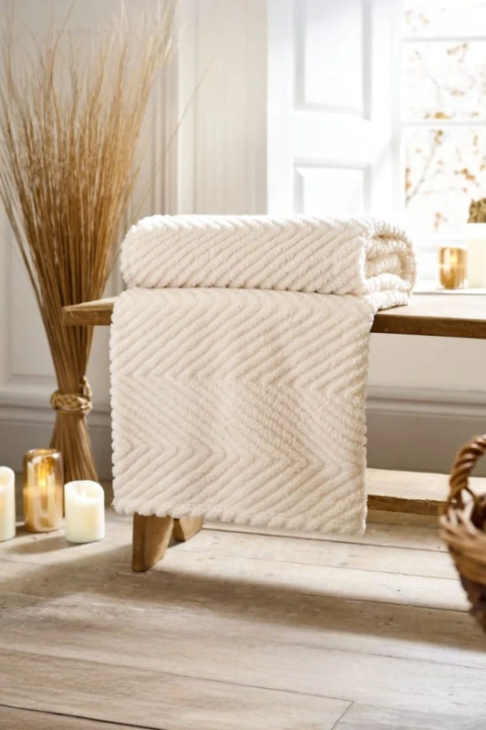 Image of Deyongs Deyongs Hemsworth Chevron Fleece Throw Blanket Super Soft Warm & Cozy 130x170cm in Cream Size: 130cm x 170cm Cream 130cm x 170cm Unisex 5054