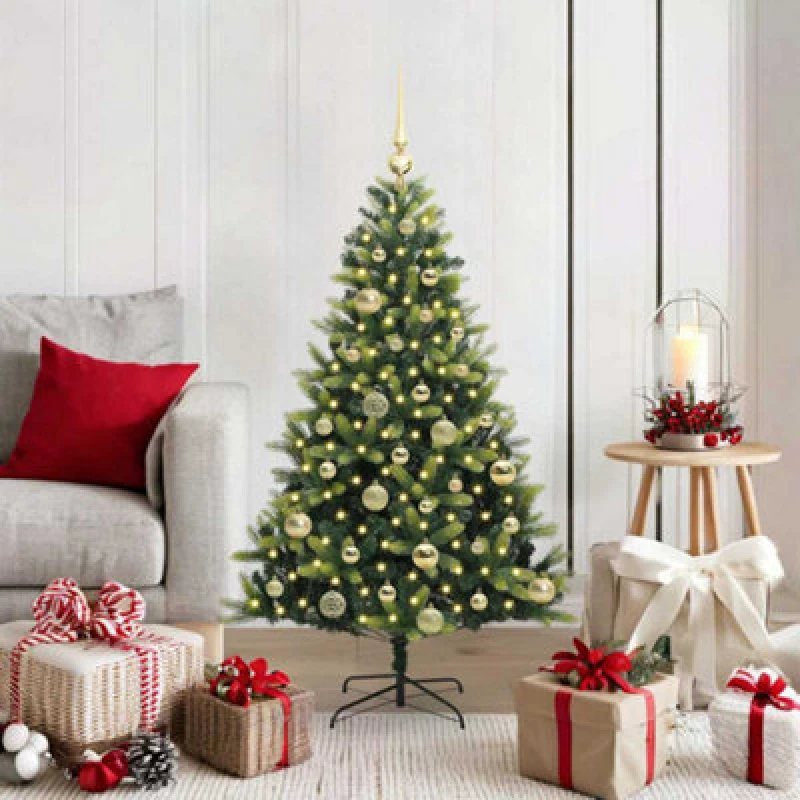 Image of vidaXL Artificial Hinged Christmas Tree 150 LEDs, Gold Balls Green 120 cm, Green 3395977