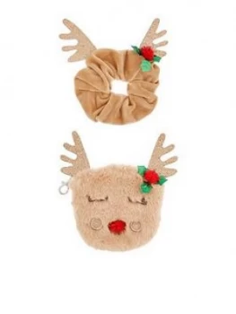 image of Monsoon Girls Festive Reindeer Purse And Scrunchie Set - Red