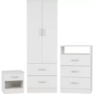 image of Seconique - polar White 3 Piece Bedroom Set Bedside Chest Wardrobe