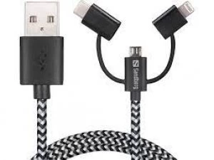 image of Sandberg 3-in-1 Sync & Charg Cable, Lightning, Micro USB & USB-C, 1 Metre, 5 Year Warranty