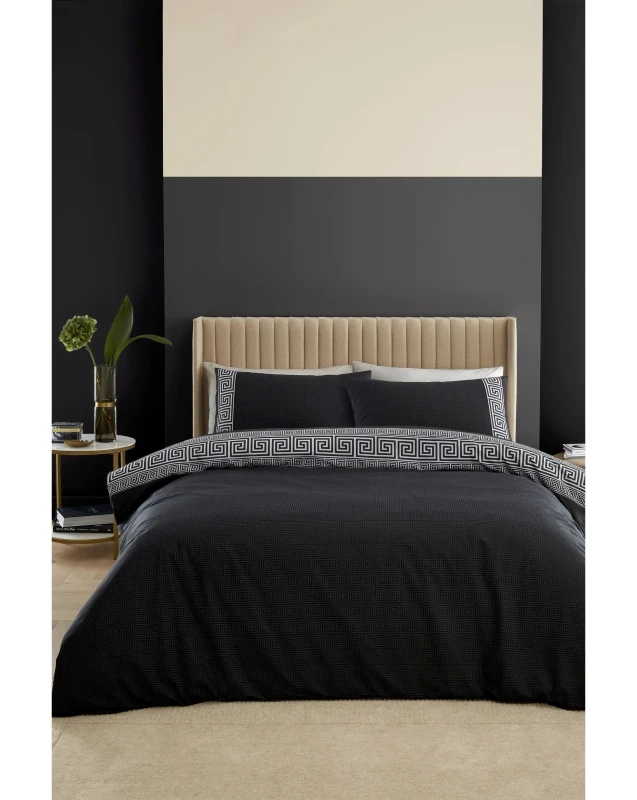 Image of Catherine Lansfield CL Artemis Greek Key Duvet Set Black - Catherine Lansfield - Size: SINGLE Black SINGLE PO49701