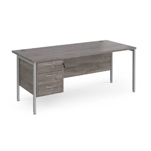 image of Maestro 25 straight desk 1800mm x 800mm with 3 drawer pedestal - silver H-frame leg, grey oak top