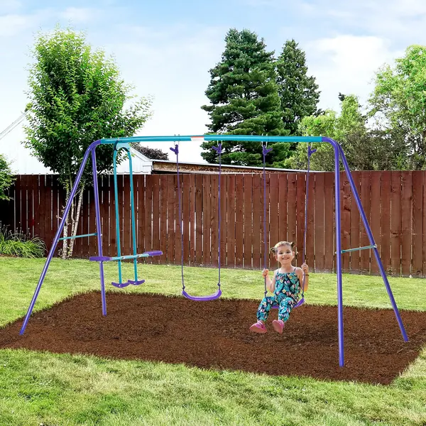 Image of Outsunny Metal Garden Swing Seesaw Set, Children Outdoor Garden Play Set - Purple Purple