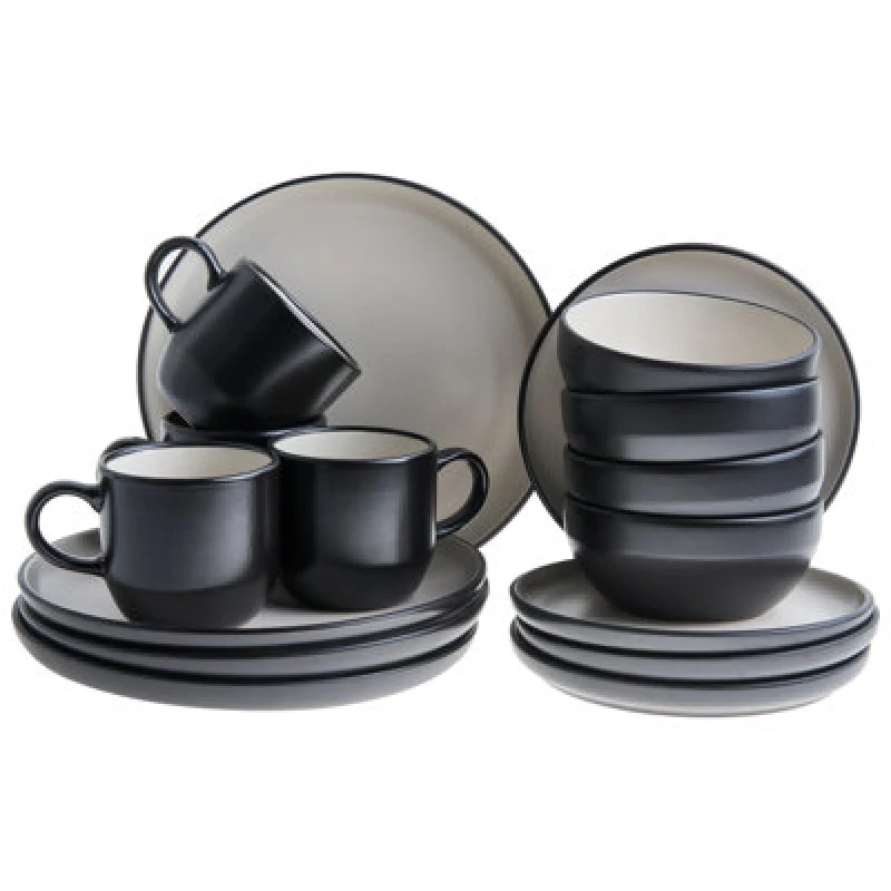 Image of Beliani Set Of 16 Dinnerware Nutmeg Stoneware Black