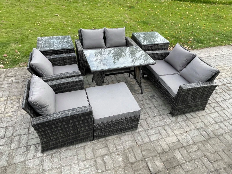 Image of Fimous Rattan Garden Furniture Set Patio Outdoor Lounge Sofa Set with Rectangular Dining Table Double Seat Sofa 2 Side Tables in Dark Grey Dark Grey U