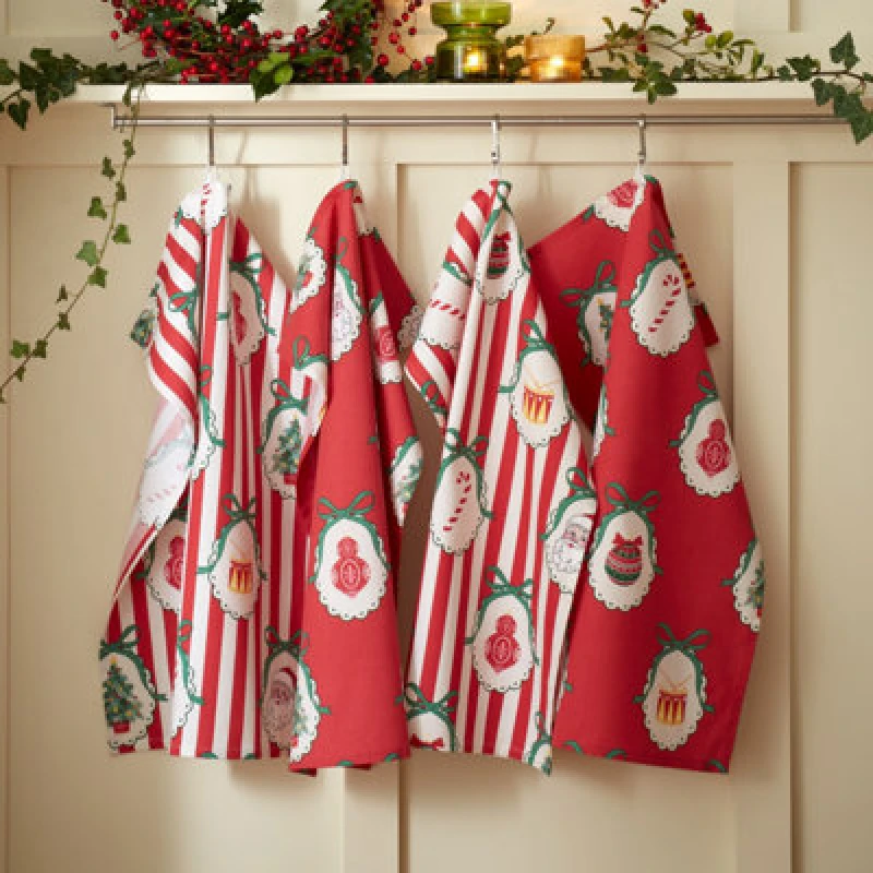 Image of Catherine Lansfield Christmas Vintage Stripe Cotton 50X70Cm Kitchen Tea Towel Pack Of 4 Red