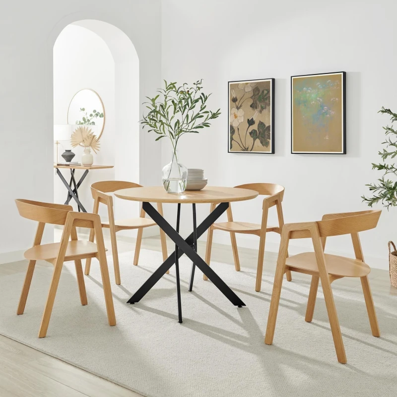 Image of FurnitureboxUK FurnitureboxUK Novara 100cm Oak Veneer Top Round Dining Table & 4 Oak Masa Chairs in Brown Brown One Size Unisex 5056784315507