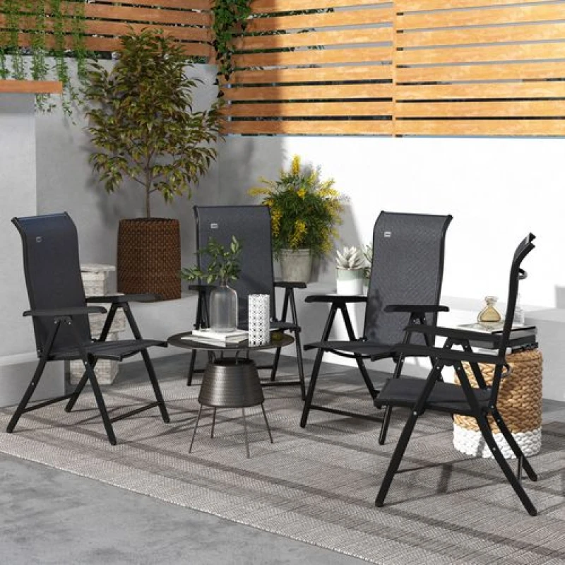 Image of Outsunny 4 PCs Outdoor Rattan Folding Chair Set with 7 Levels Adjustable Backrest Grey Grey
