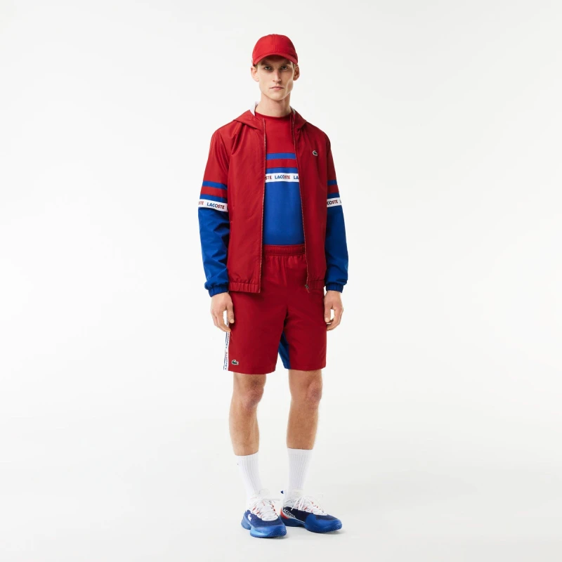 Image of Lacoste Logo Stripe Tennis Shorts - Red Red XS